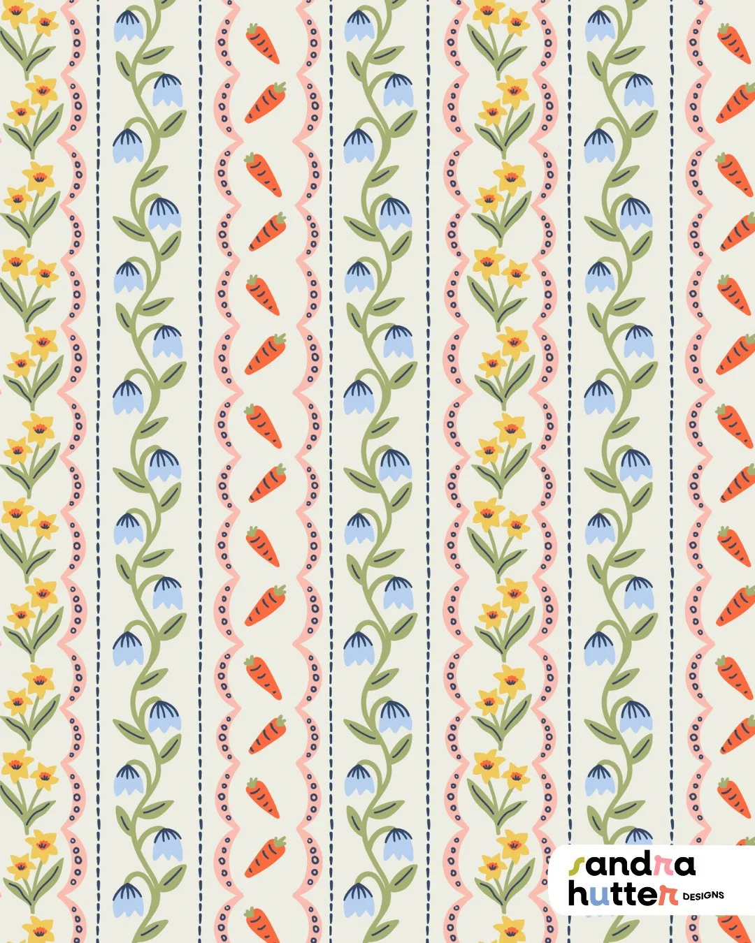 One of the coordinating prints from my Bunny Garden collection 🌿🥕⁠
⁠
A stripe with a little twist &mdash; florals mixed with tiny carrots for a soft, playful garden feel.⁠
⁠
I can see this so well as fabric for kitchen aprons, tea towels, or other 