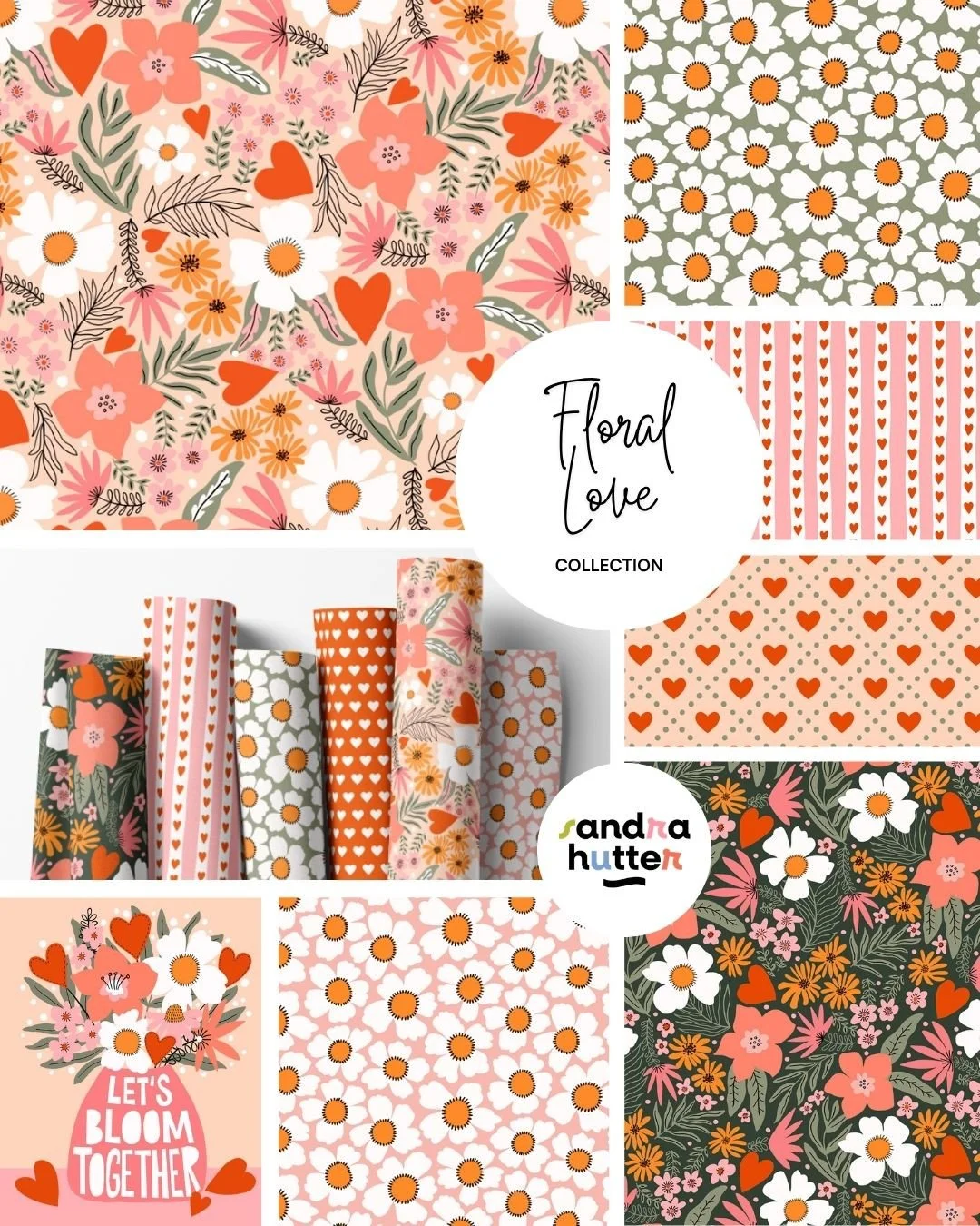 Here&rsquo;s the full Floral Love collection 🌸❤️⁠
⁠
This collection mixes florals, little hearts, playful coordinates, and softer warm colors. It started with the hero print I shared yesterday, and from there I built out some coordinating patterns a