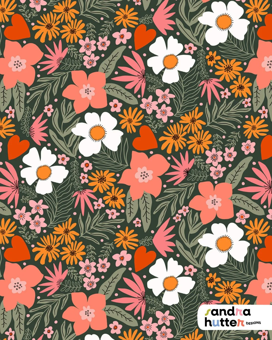 Another version of the Floral Love hero print ⁠
⁠
This time on a dark background &mdash; which gives the florals and little hearts such a different feel compared to the lighter version I shared before. I always love seeing how much a color change can