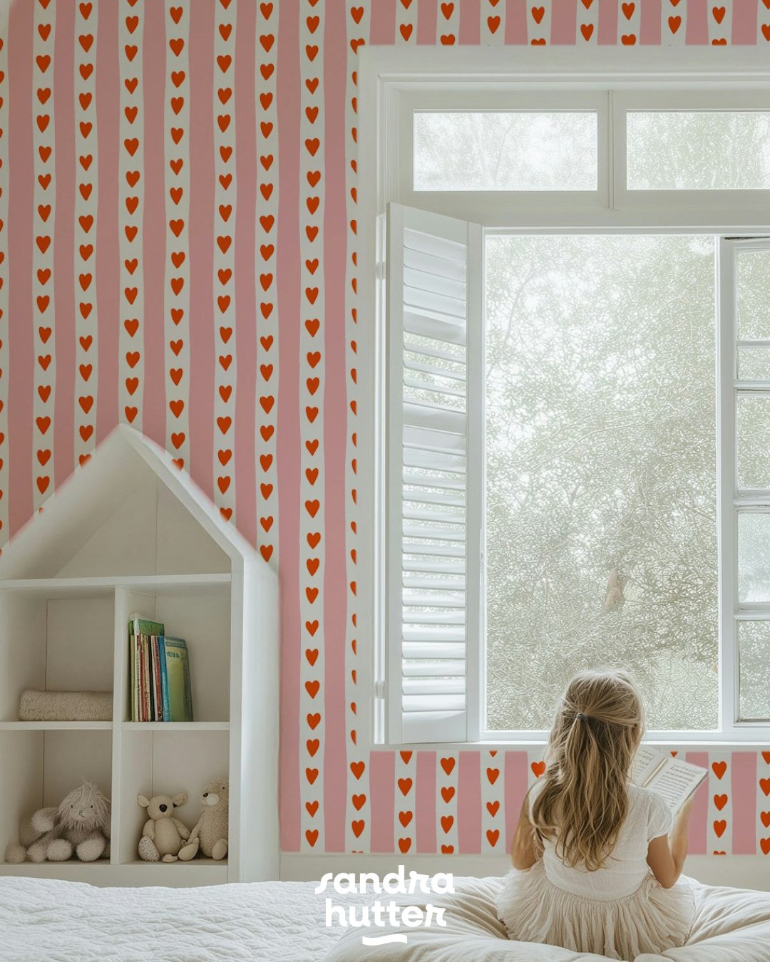 One more of the coordinating prints from my Floral Love collection ❤️⁠
⁠
This little heart stripe was originally created as a blender print for the collection, but I really like how it looks as wallpaper too &mdash; especially in a kids room or playr