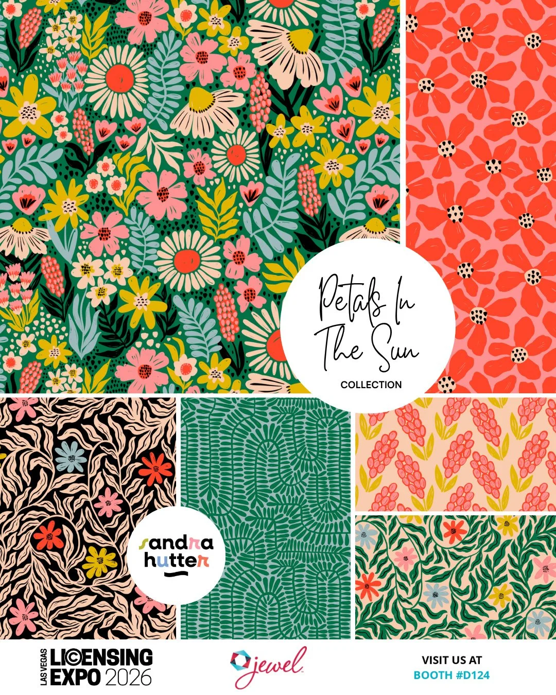 Sharing another collection from my art licensing portfolio currently being presented at @licensingexpo in Las Vegas ✨ &ldquo;Petals In The Sun&rdquo; is a mix of playful florals, bold colors, and coordinating prints inspired by my love for cheerful, 