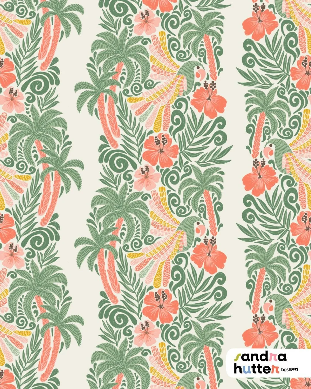 For the current Spoonflower challenge, Chintz Revival, I decided to create a design that ties in with my Boho Beach collection. 🌴

Traditional chintz usually features florals, but I wanted to give it a tropical twist with some palm trees and tropica