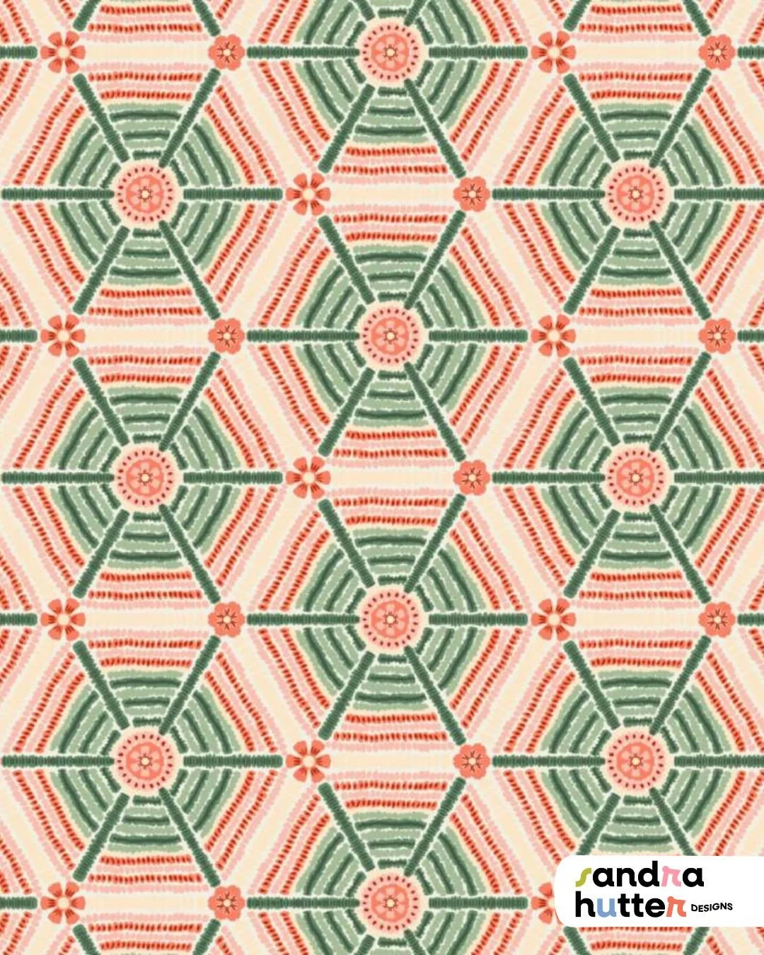 This geometric print is another coordinate from my Boho Beach collection.⁠
⁠
I love creating supporting patterns like this because they can work on their own or mix easily with the larger prints in a collection. The soft coral and sage color palette 