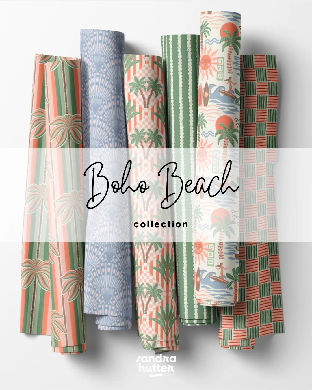 This is one of the newest collections in my portfolio: Boho Beach 🌴⁠
⁠
Inspired by vintage beach clubs, seashells, palm trees, sunny days, and all those little details that make summer feel special. The collection includes hero prints, coordinates, 