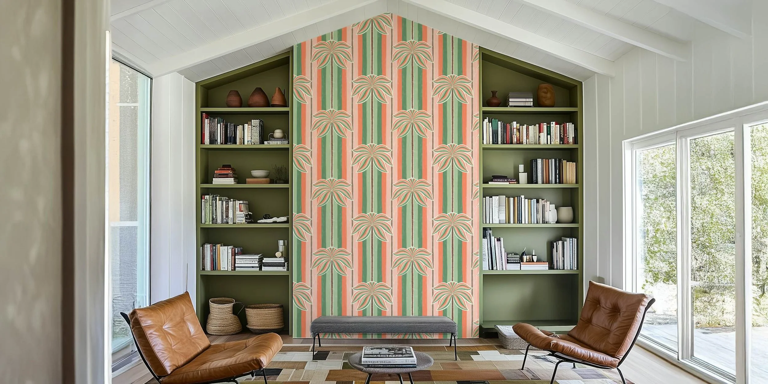 Tropical Palm Tree Stripe Coral Green wallpaper