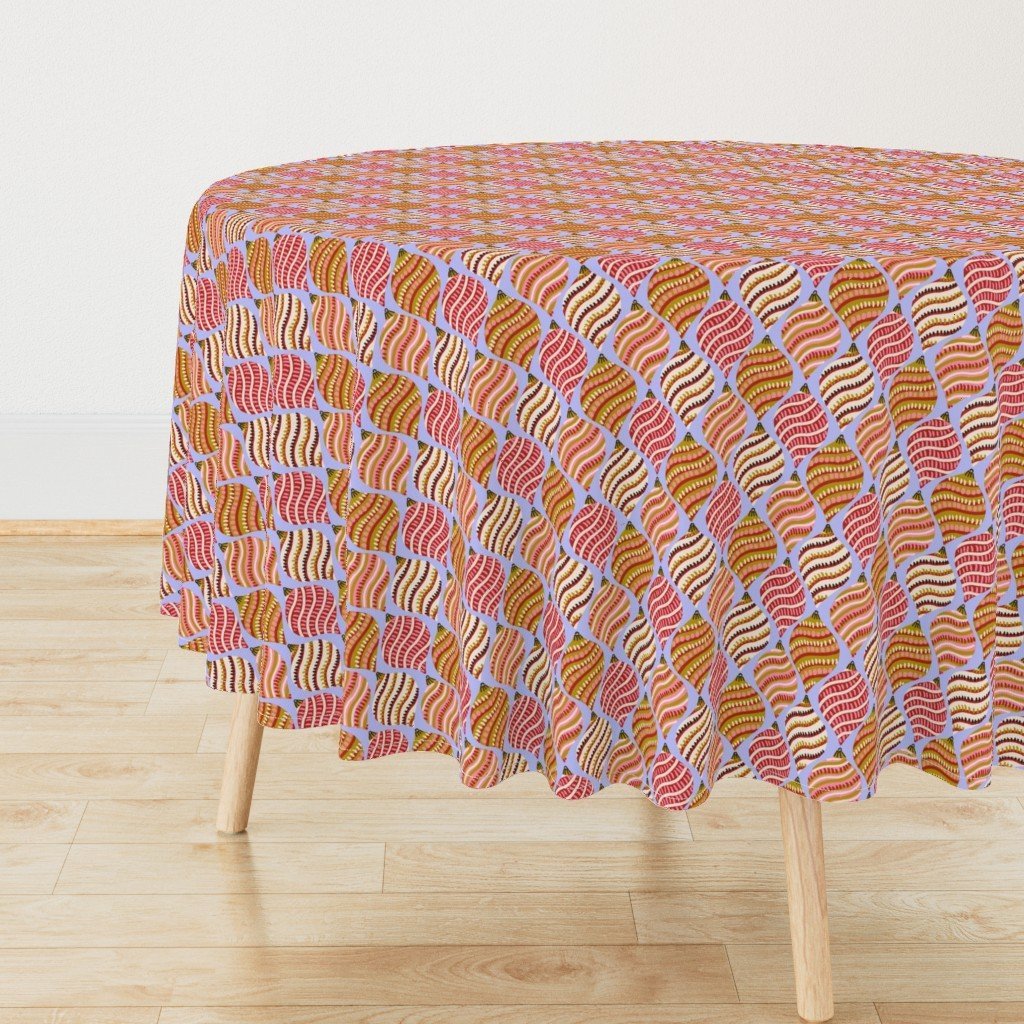 Jolly & Bright: Swirly Christmas Bauble Ogee in Mustard on Lavender on a tablecloth by Spoonflower, copyright Sandra Hutter.