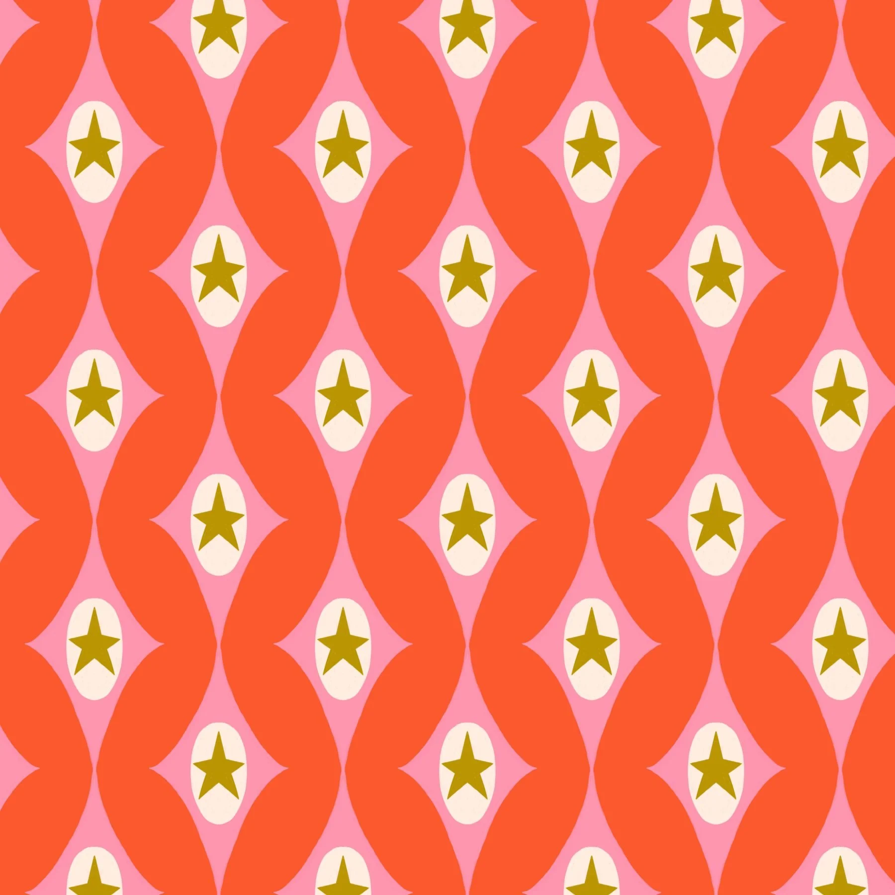 Jolly & Bright: Retro Star Diamonds in Tangerine and Pink pattern preview, copyright Sandra Hutter.