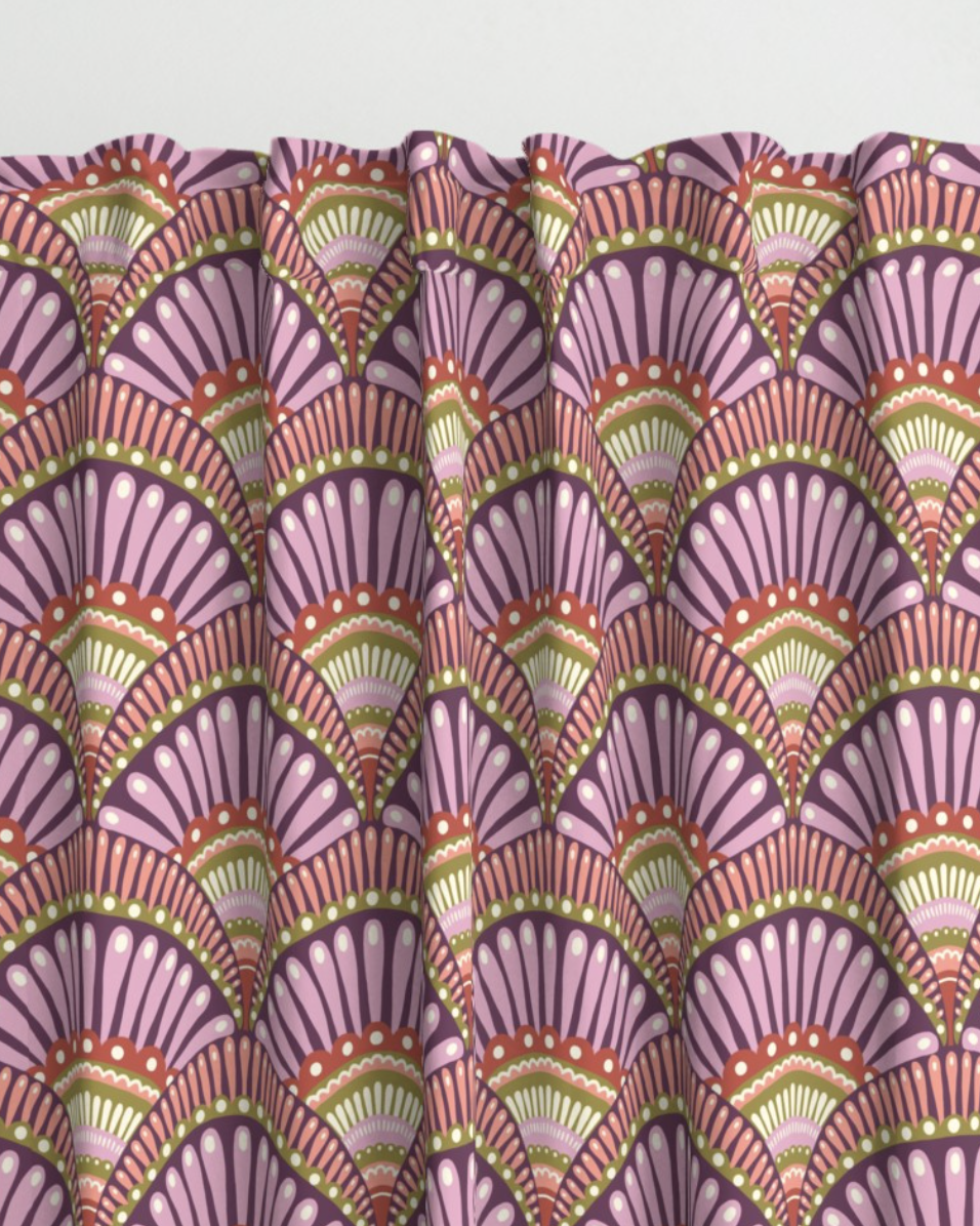 Curtain with plum, blush and coral folk scallop fans, copyright Sandra Hutter.