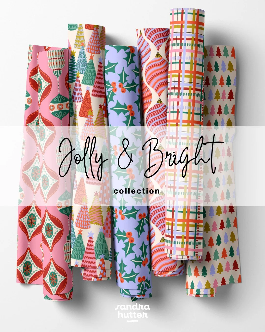 Jolly & Bright brings folk birds, ornaments, holly, little trees and hand-painted plaids together in candy pink, lavender, emerald and red.