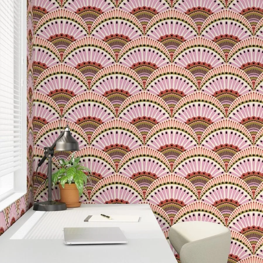 Wallpaper (home office) with blush and coral scallop fans that look like feathers, copyright Sandra Hutter.