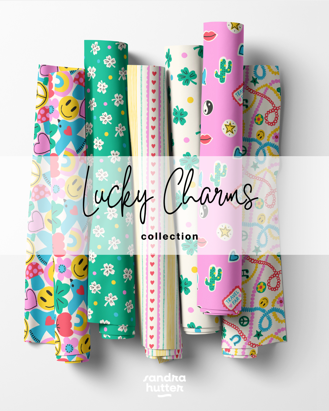 Lucky Charms is my ode to 70s groovy style and a good luck charm bracelet jingling with clovers, hearts, horseshoes and smileys. I started with the charm bracelet toss, then kept playing - a jumbo icon print blown up bold enough for a statement wall,