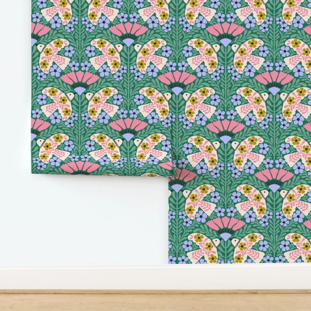 Jolly & Bright: Folk Christmas Birds and Flowers in Emerald and Pink as wallpaper by Spoonflower, copyright Sandra Hutter.