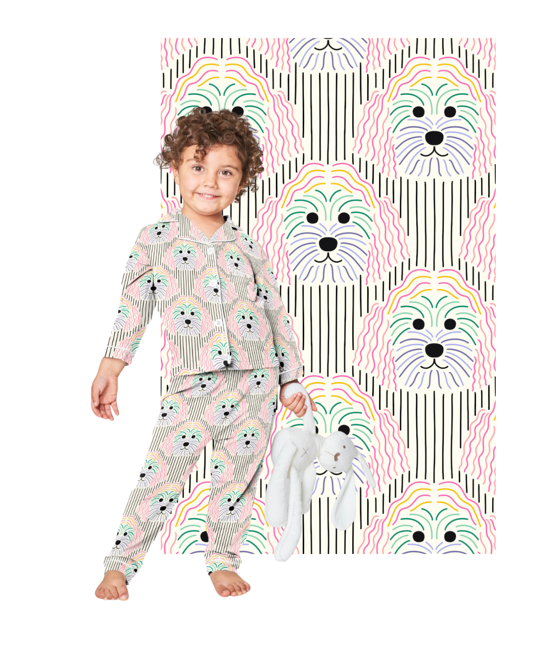 Hand-painted character surface pattern featured on children's pajamas, illustrating artwork for kids' apparel, baby products, nursery décor, and children's licensing. Artwork © Sandra Hutter.
