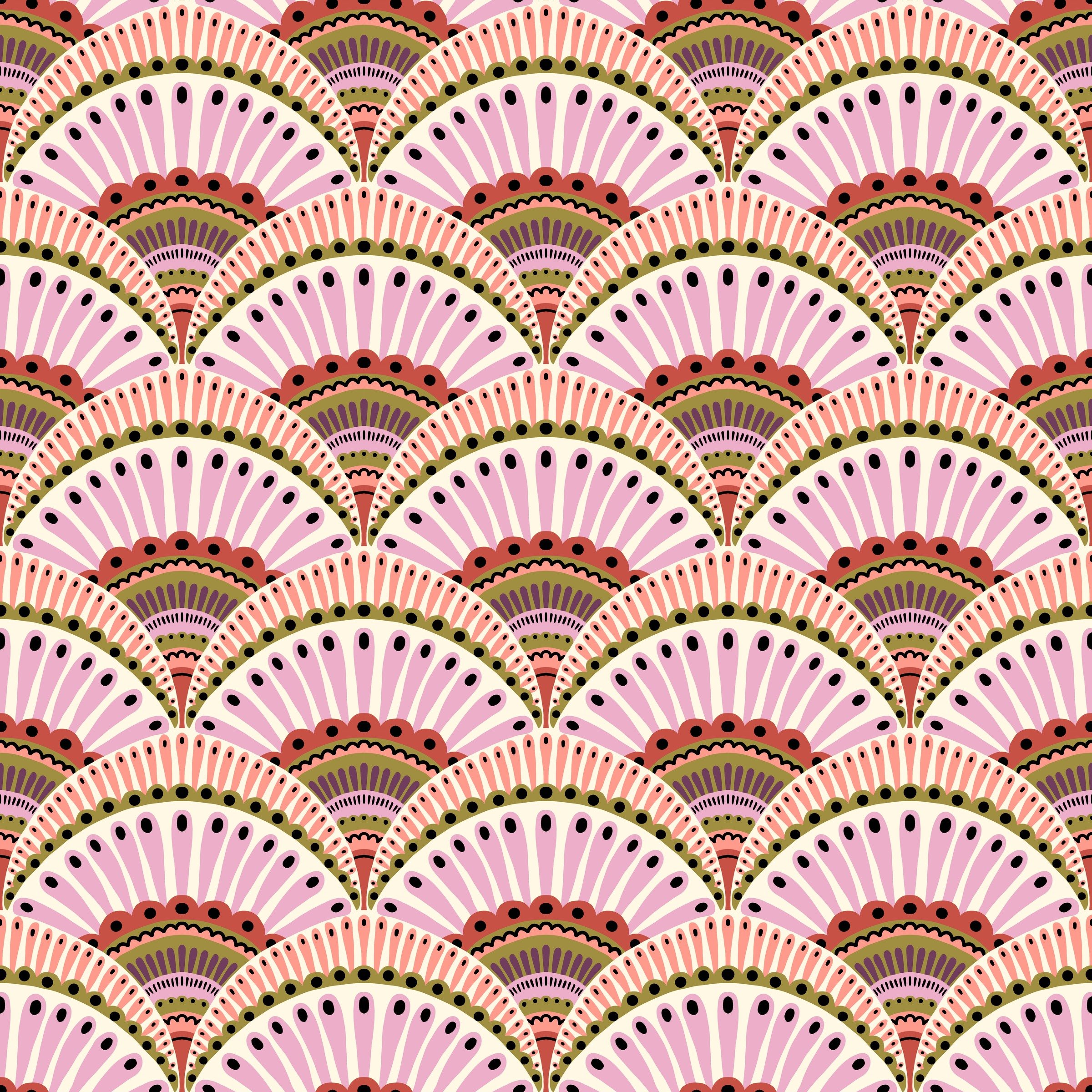 Seamless repeat pattern with blush and coral scallop fans that look like feathers, copyright Sandra Hutter.