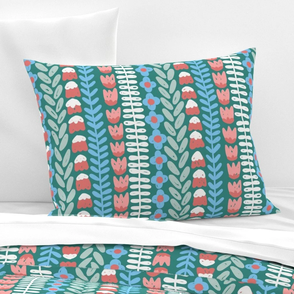Pillow and blanket featuring the pattern Doodled Flowers Botanical Stripes Pastel Colors - Teal Blue