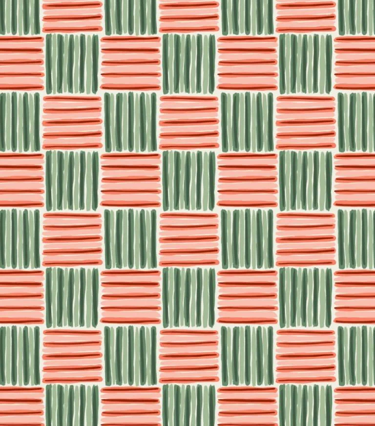 Woven Stripe Check Hand Drawn Geometric Plaid Coral Green