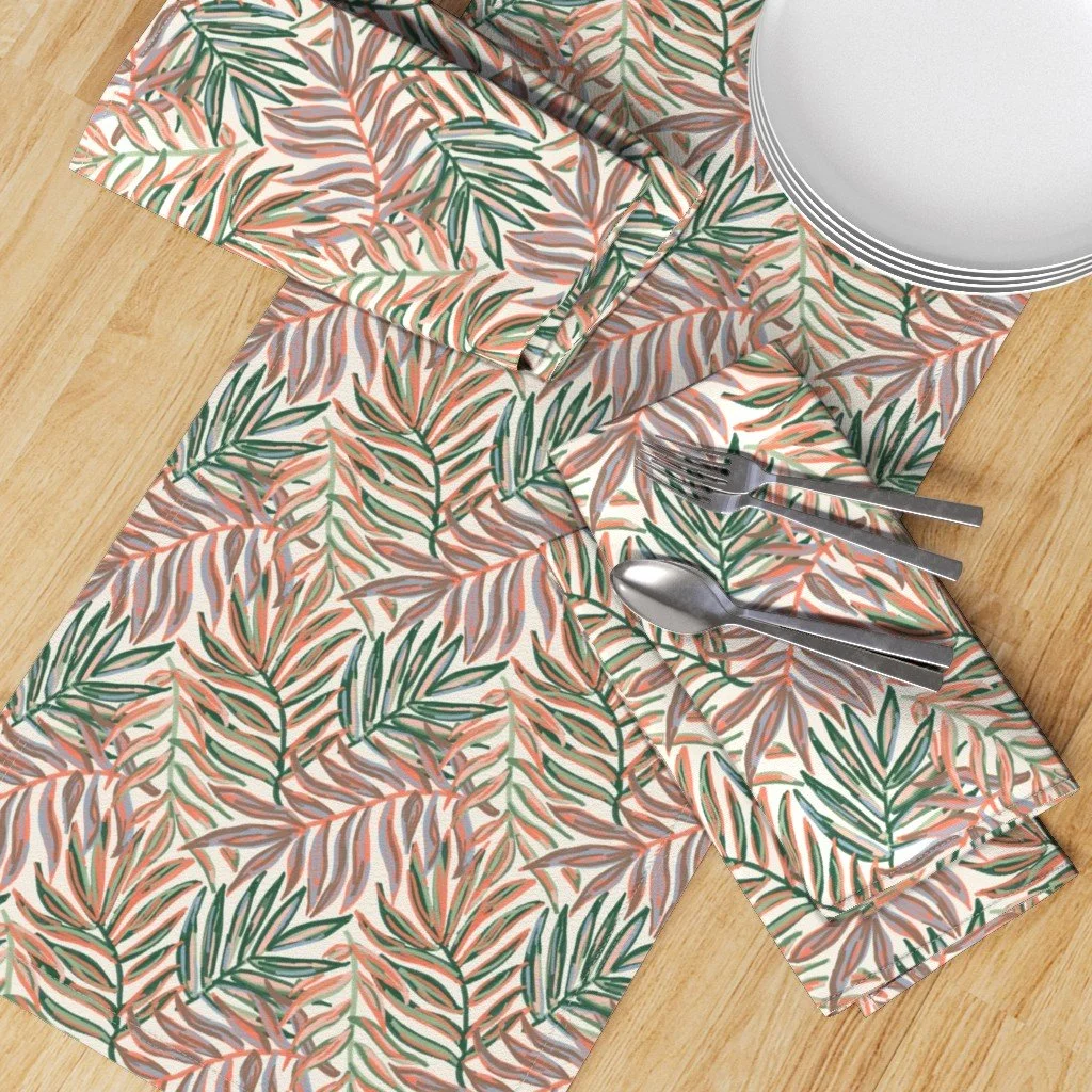 Table Runner in Tropical Hand Drawn Palm Leaves Botanical Coral Green Coastal Foliage