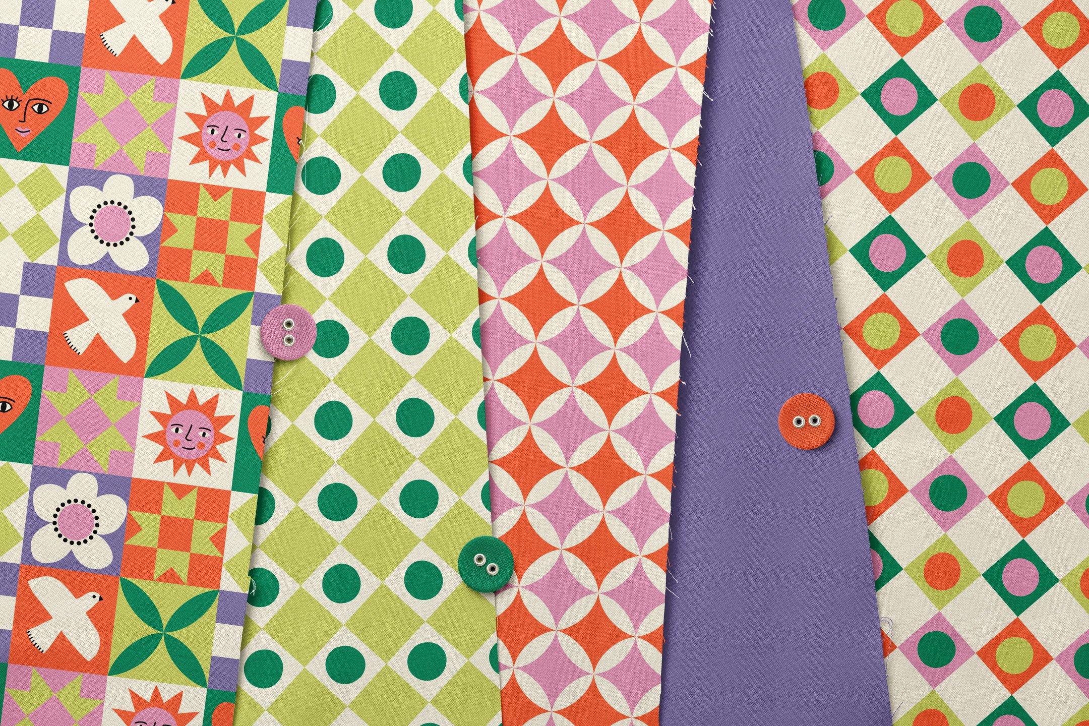 Happy Patchwork collection fabric stack with patchwork quilt sampler, harlequin gumball diamond and orange peel quilt block prints in tangerine, lime, kelly green, lavender and pink, copyright Sandra Hutter.