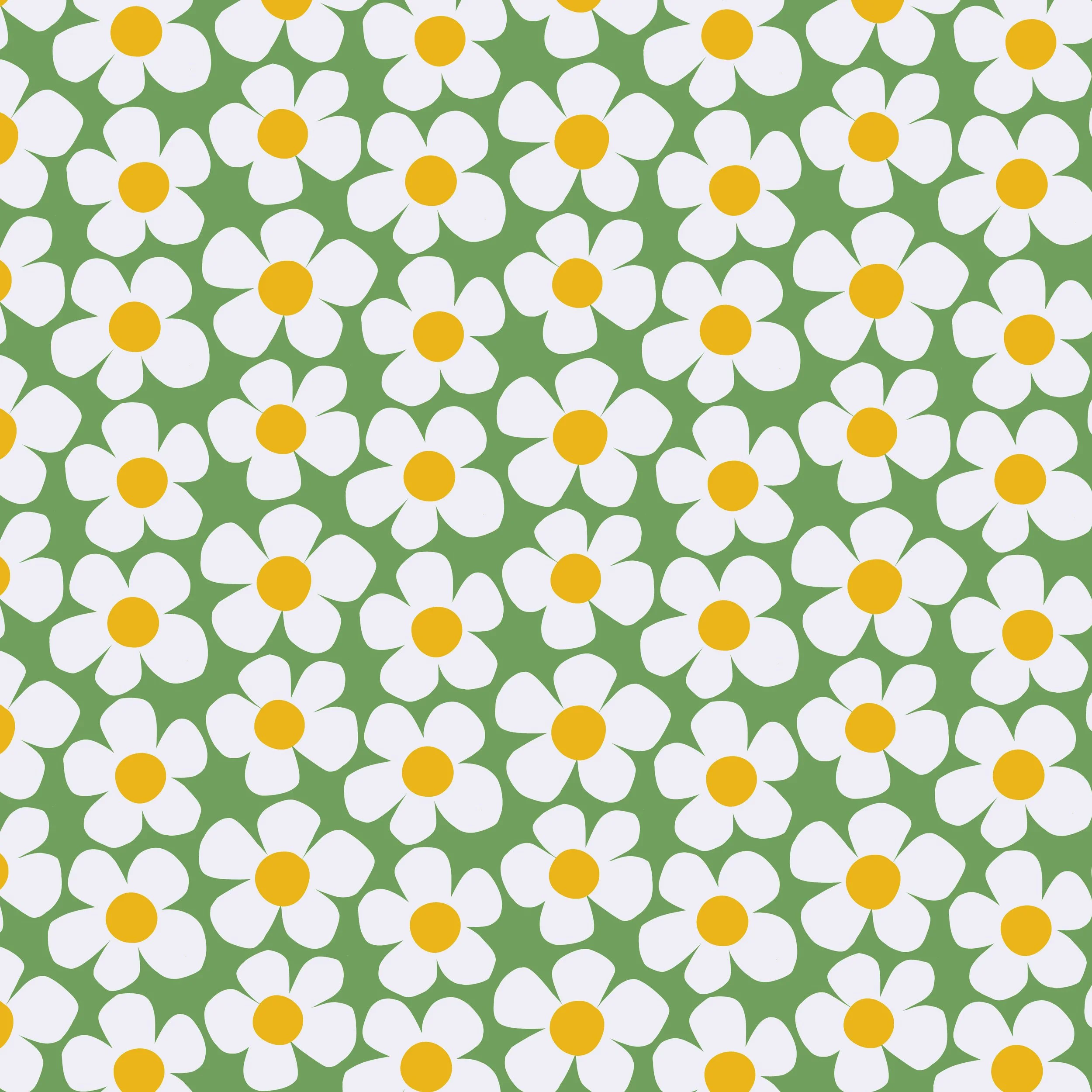 Retro style floral pattern of bold five petal paper-cut-out style flowers with large circular centers on a solid color background. White, yellow, and green colors.