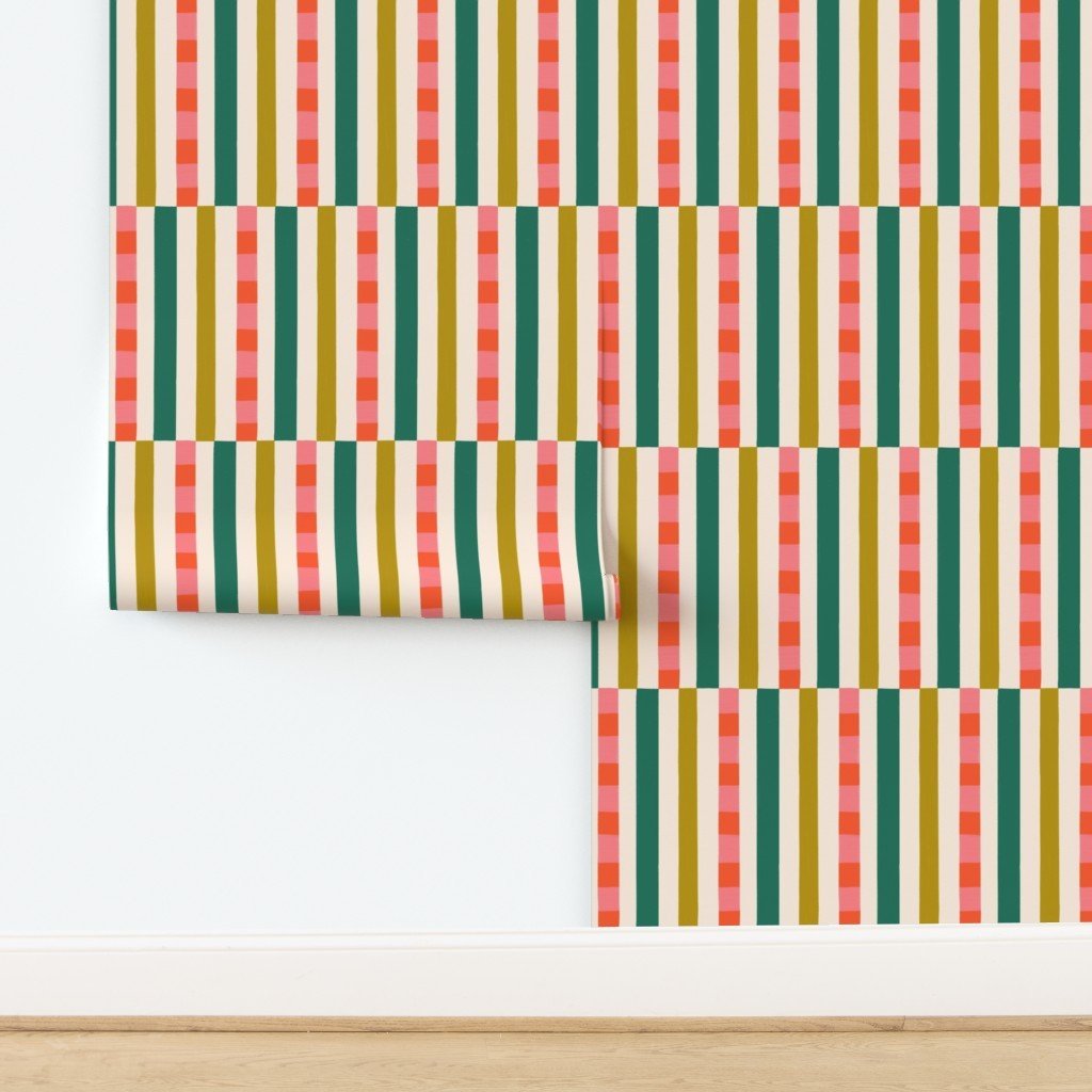 Jolly & Bright: Christmas Block Stripe in Mustard Pink and Emerald as wallpaper by Spoonflower, copyright Sandra Hutter.