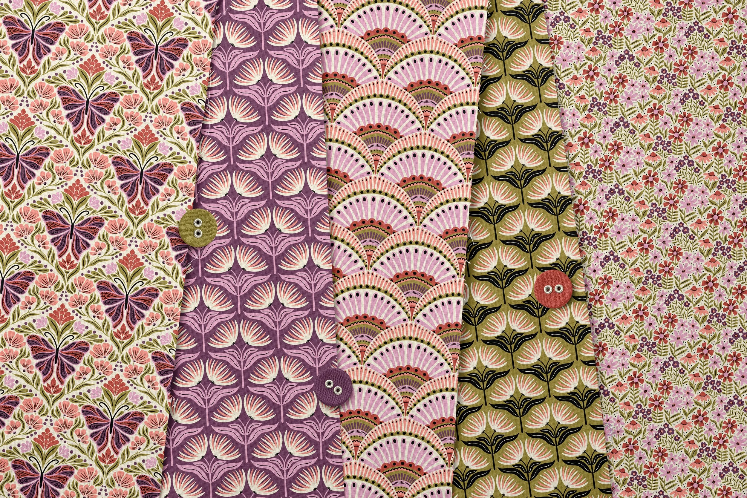 Fabric stack mockup of the Butterfly Folk Garden collection by Sandra Hutter: plum butterfly damask, mid century fan flowers, scallop fans and a ditsy wildflower meadow in plum, blush, terra cotta and olive green