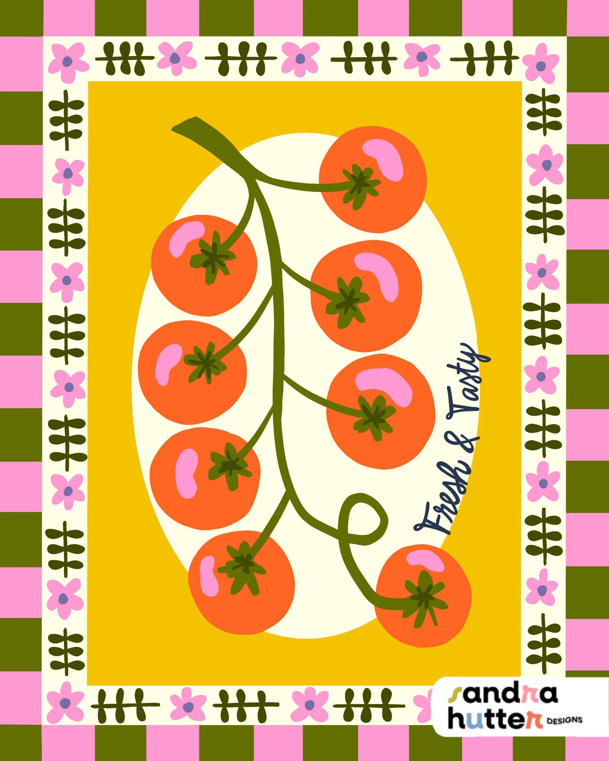 The Fresh & Tasty Red Tomatoes on the Vine Colorful Vintage Inspired Illustration from the Heirloom Garden Collection