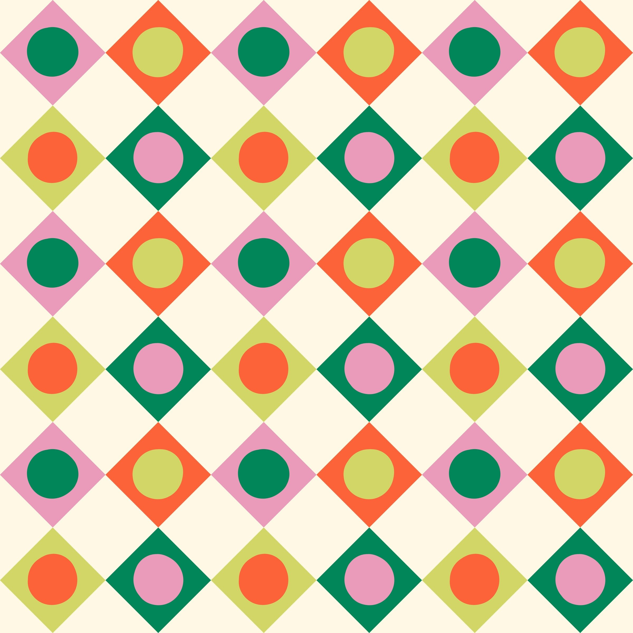 Harlequin diamond pattern with hand-cut dots in pink, tangerine, lime and kelly green on cream, copyright Sandra Hutter.