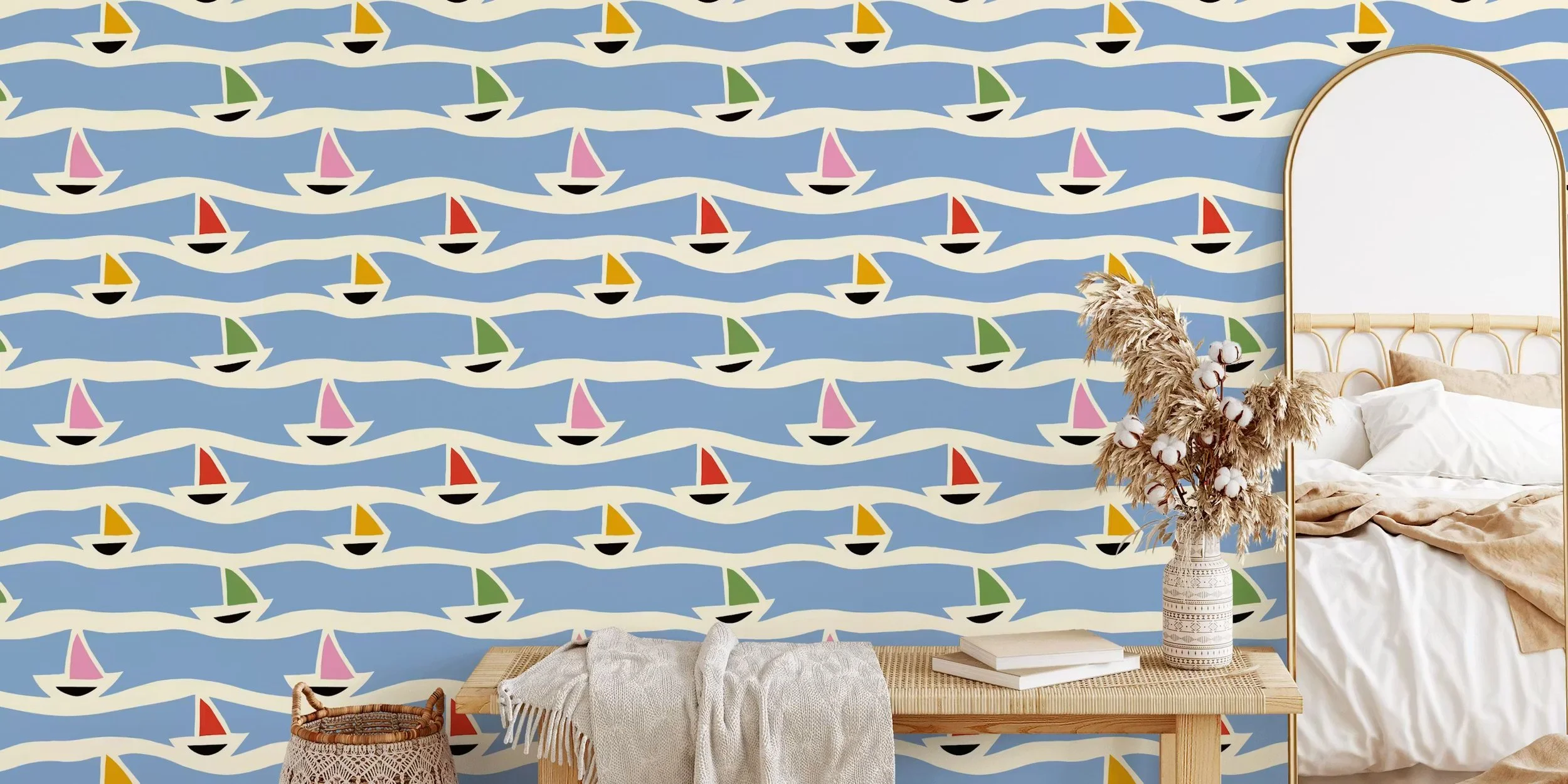 Minimal Sailboat Nautical Waves Blue-room.jpeg