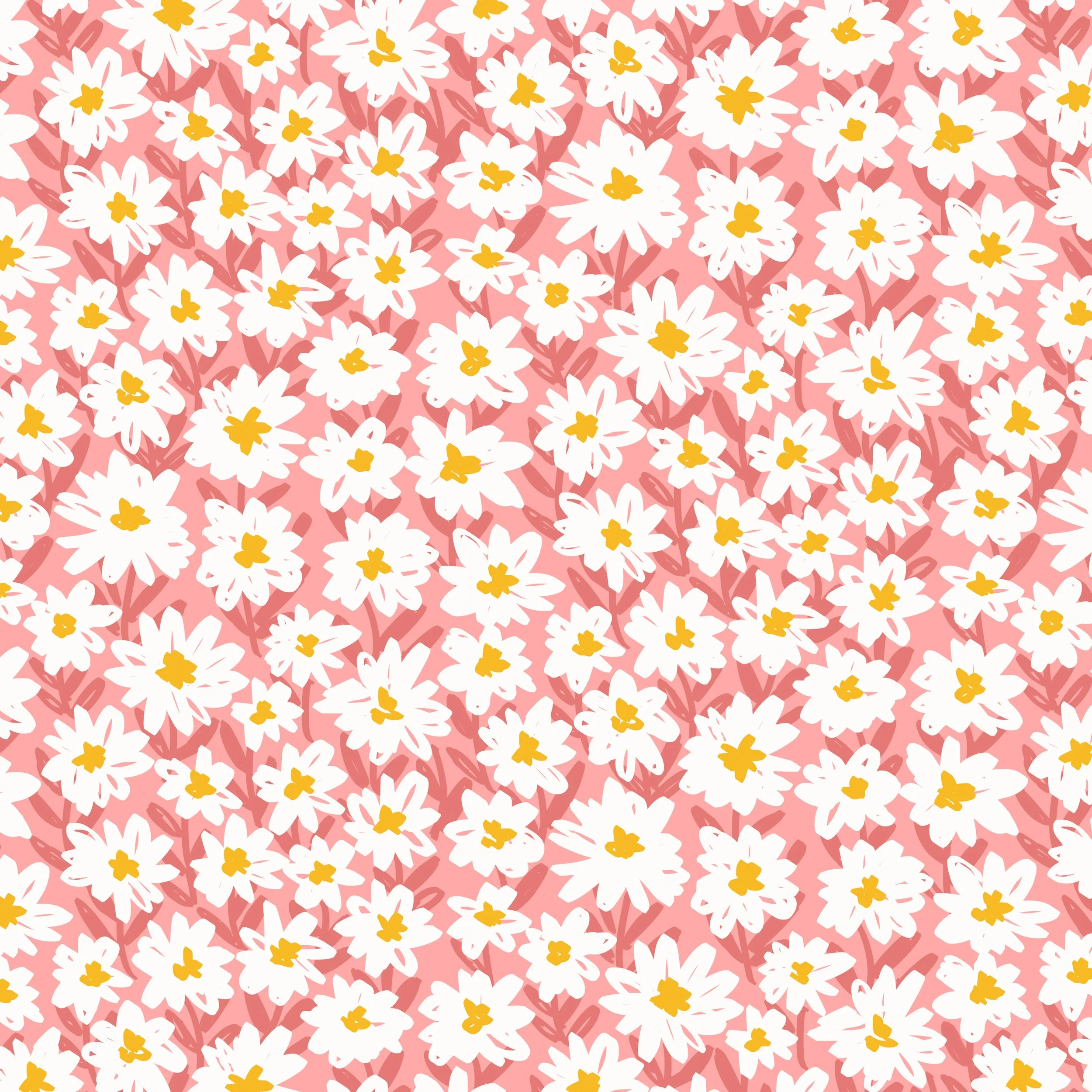 textured scene of a flower field full of white daisy flowers with yellow centers on a coral pink foliage background. Ideal for children's clothing and home decor.
