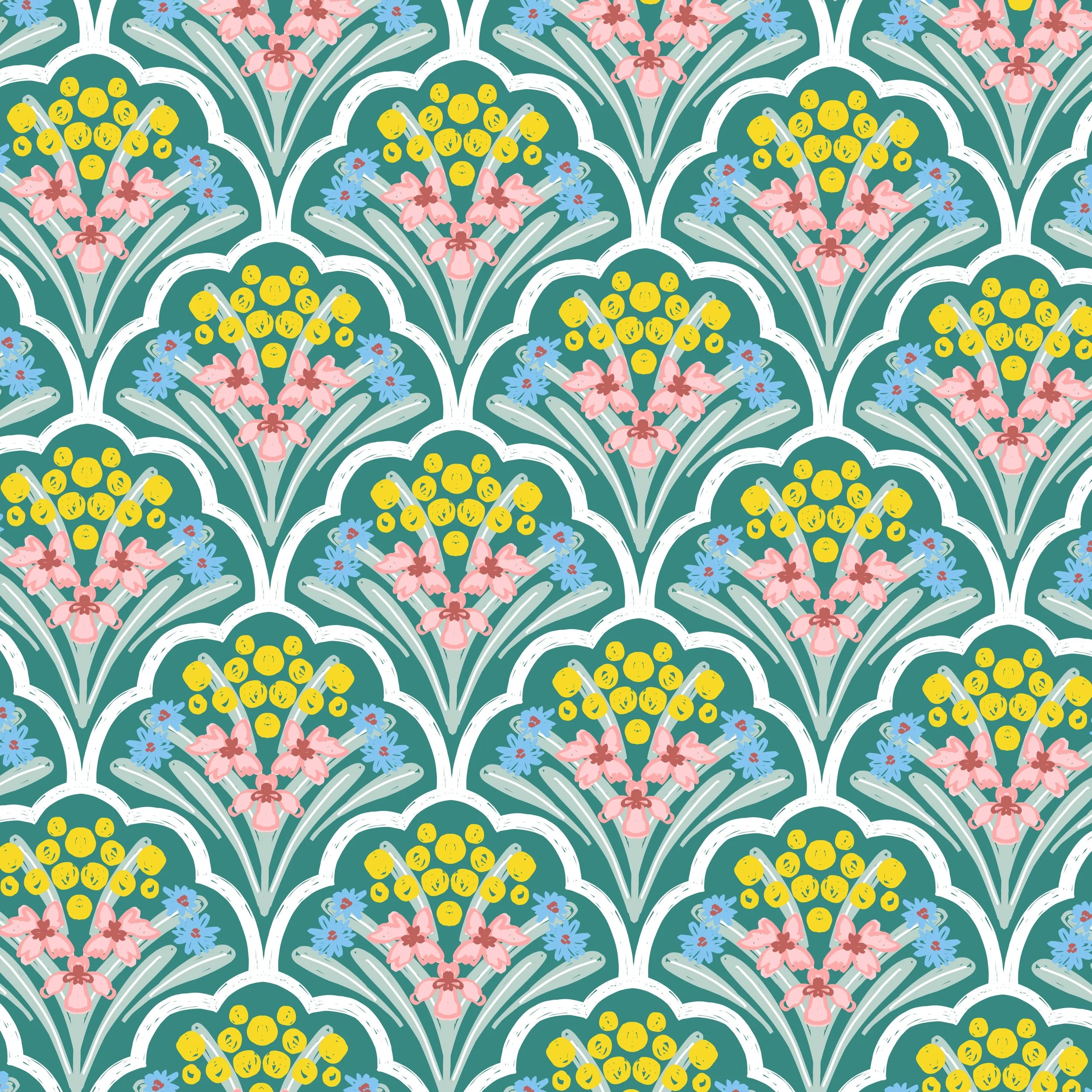 vintage inspired scallop damask pattern featuring a colorful bouquet of various textured flowers in a pastel pink, yellow, and blue color scheme on a teal blue and white background