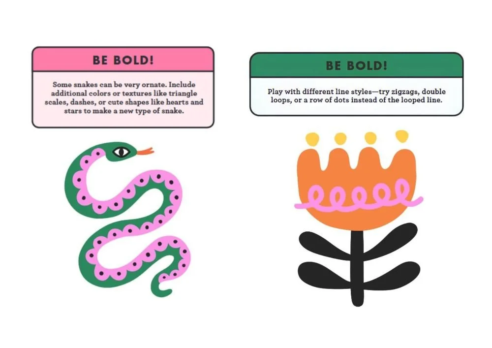 Be Bold! prompts from Modern Folk Art drawing book, shown on a folk art snake and flower motif