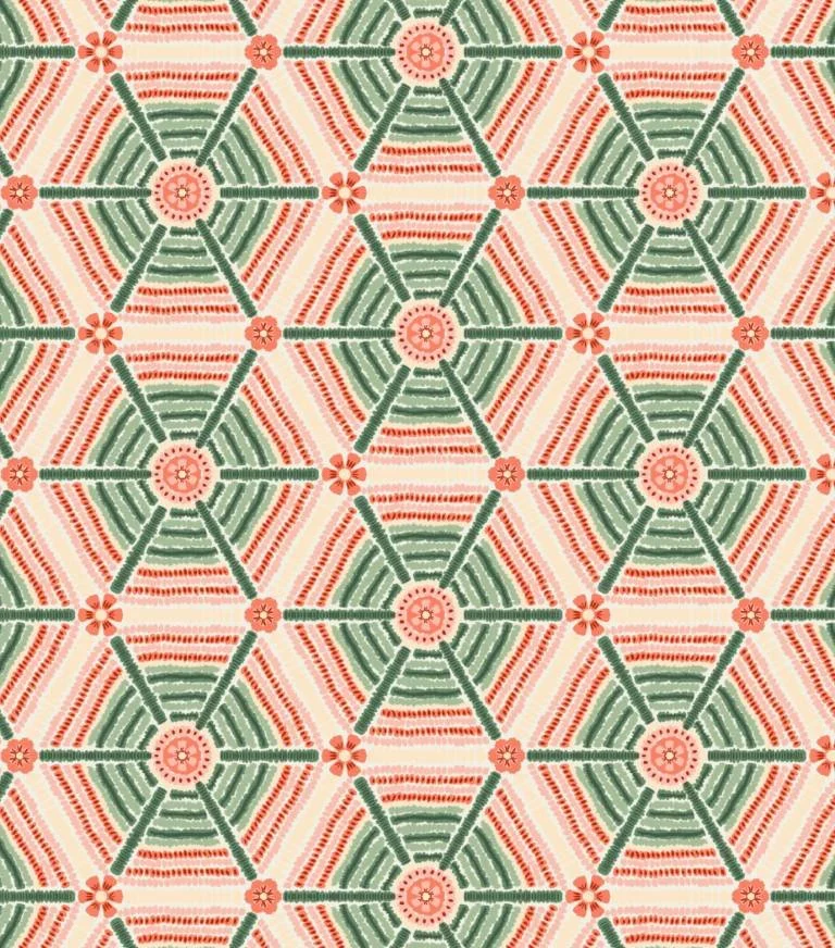 Coral Green Boho Geometry Hexagon Tiles