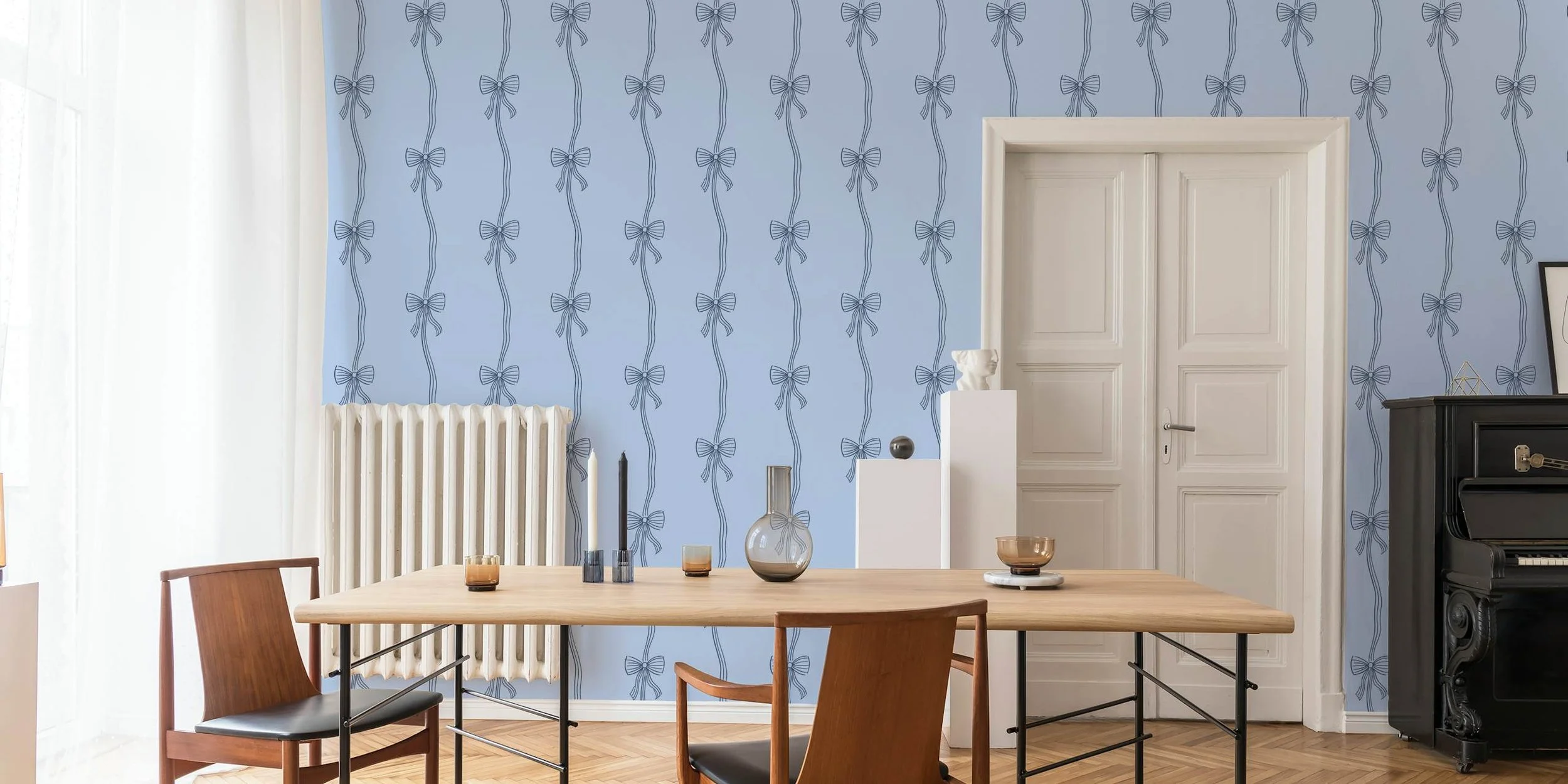 Wallpaper featuring the Dainty Ribbon Bows Hand Drawn Lines - Pastel Blue pattern from the Bunny Garden collection