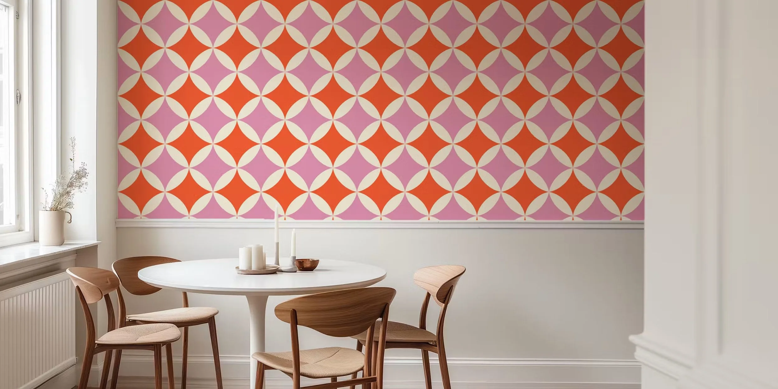 Tangerine and pink orange peel quilt block wallpaper in a bright dining nook, copyright Sandra Hutter.