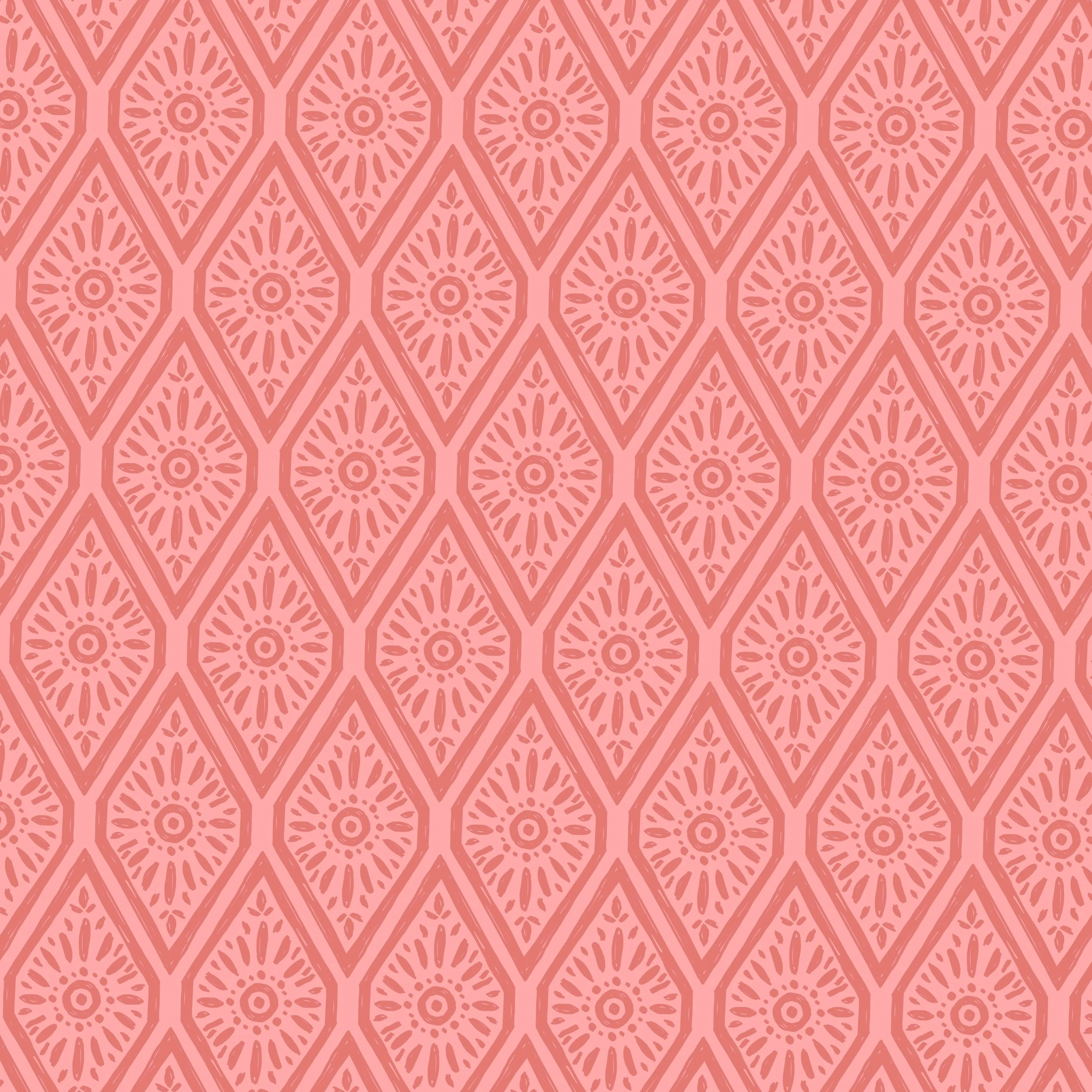 Folk Art inspired creative diamond ogee pattern with textured line art designs of a sun burst shape and lines in a monochrome coral pink color palette