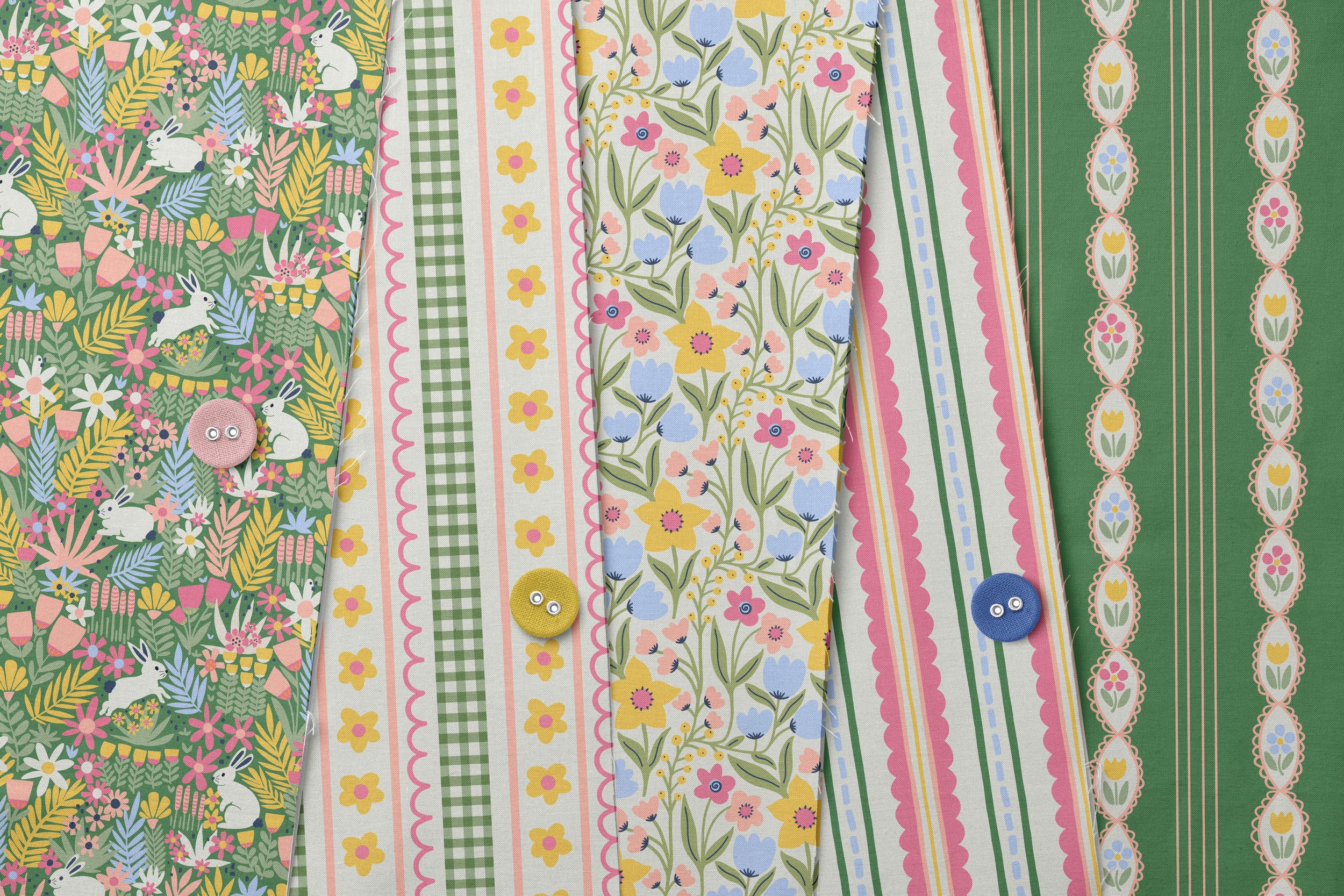 Series of fanning fabric swatches featuring the patterns from the Springtime Bunnies collection