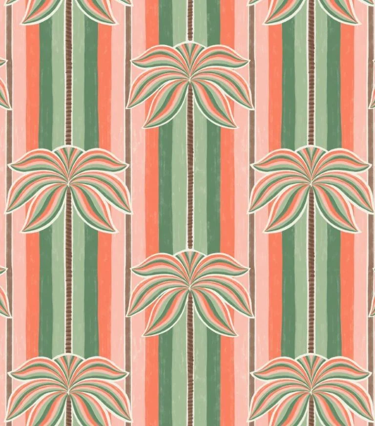 Tropical Palm Tree Stripe Coral Green 