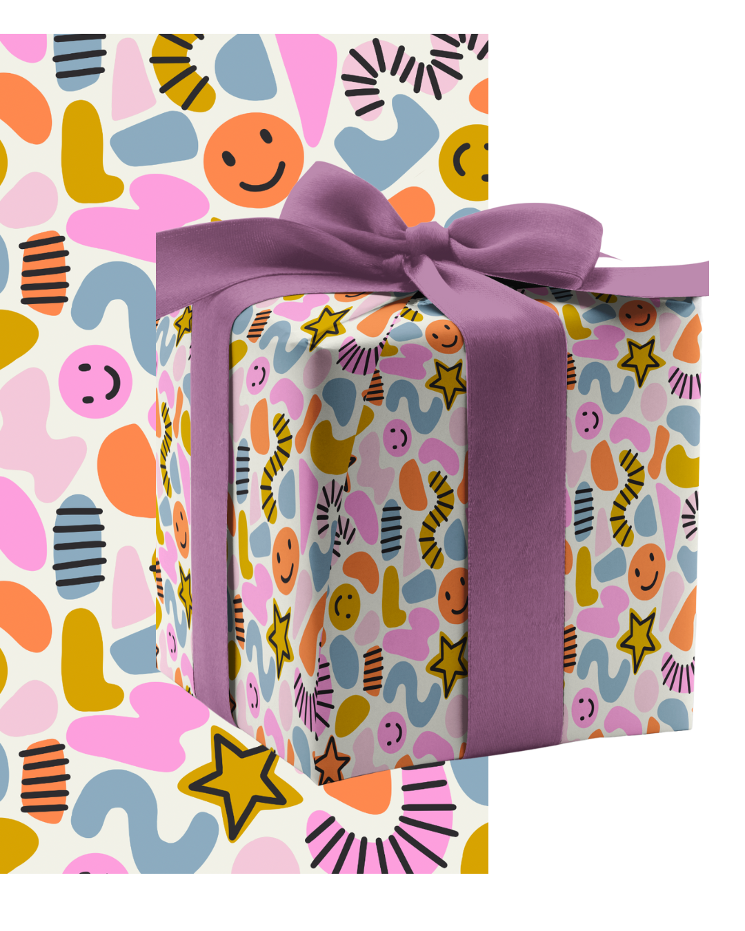 Playful hand-painted abstract surface pattern used on gift wrap and packaging, available for art licensing for gift products, stationery, packaging, and seasonal collections. Artwork © Sandra Hutter.