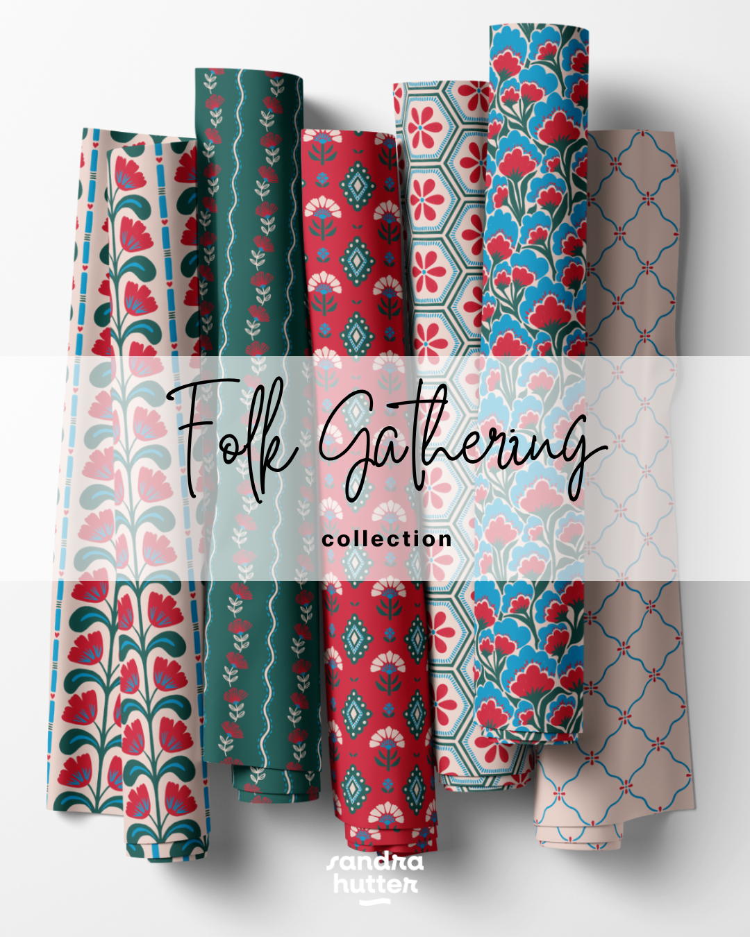 Folk Gathering is a folk art collection built for the heritage craft trend — embroidery, painted tiles, and cross stitch reworked as bold, high-color surface patterns.