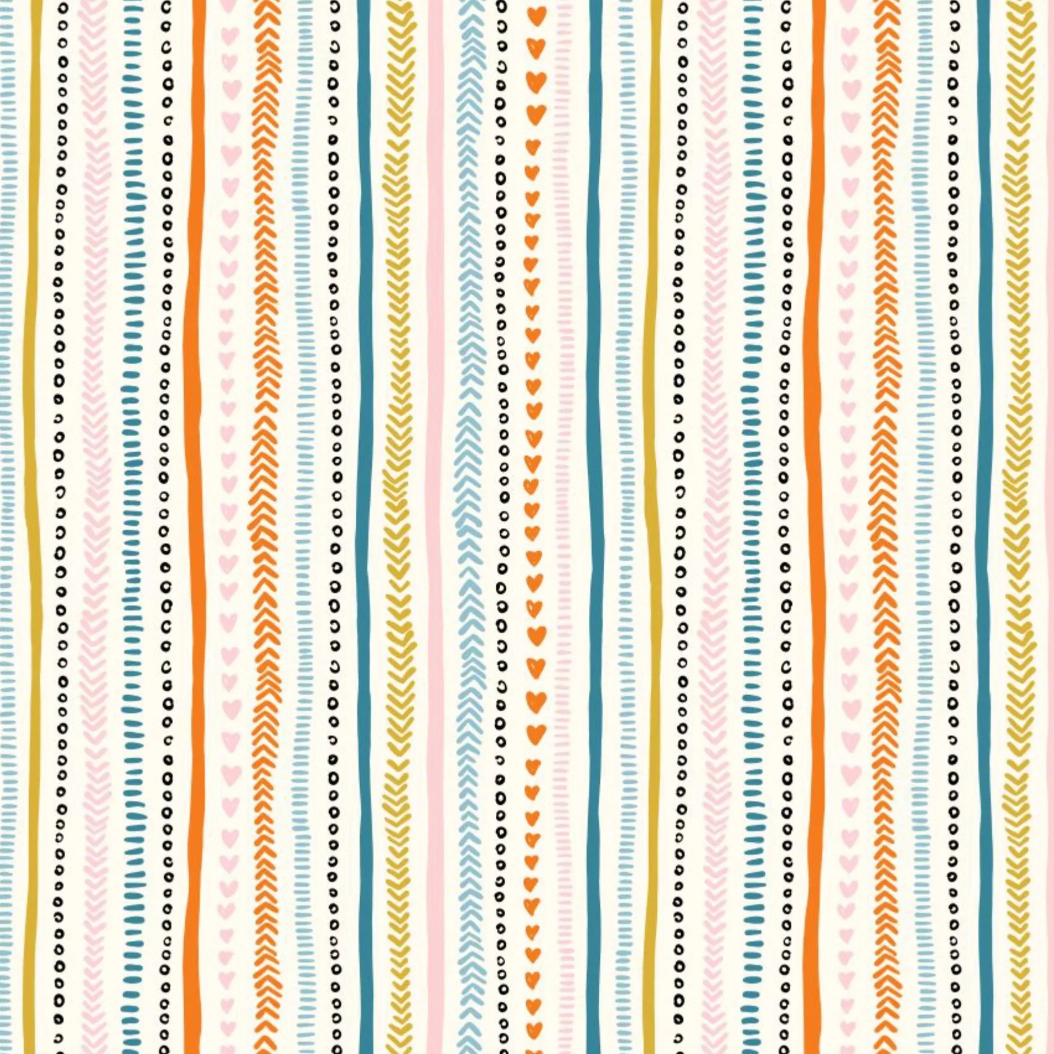 Playful hand-drawn stripes with hearts, dots, and doodle details. A cute simple design perfect for kids’ rooms and nursery decor.