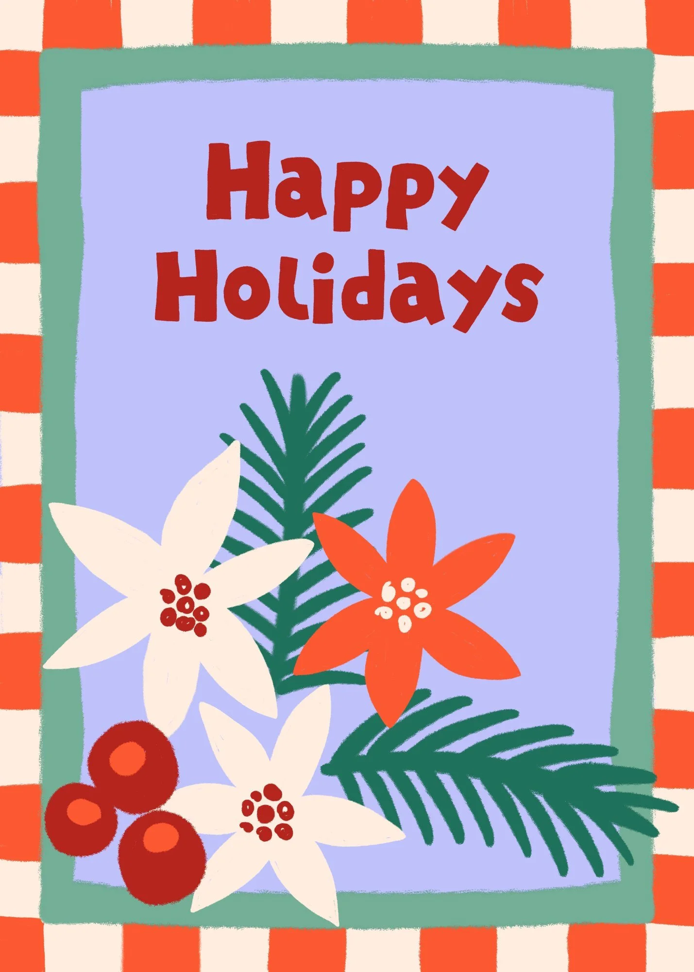 Happy Holidays placement print with lettering on lavender, copyright Sandra Hutter.