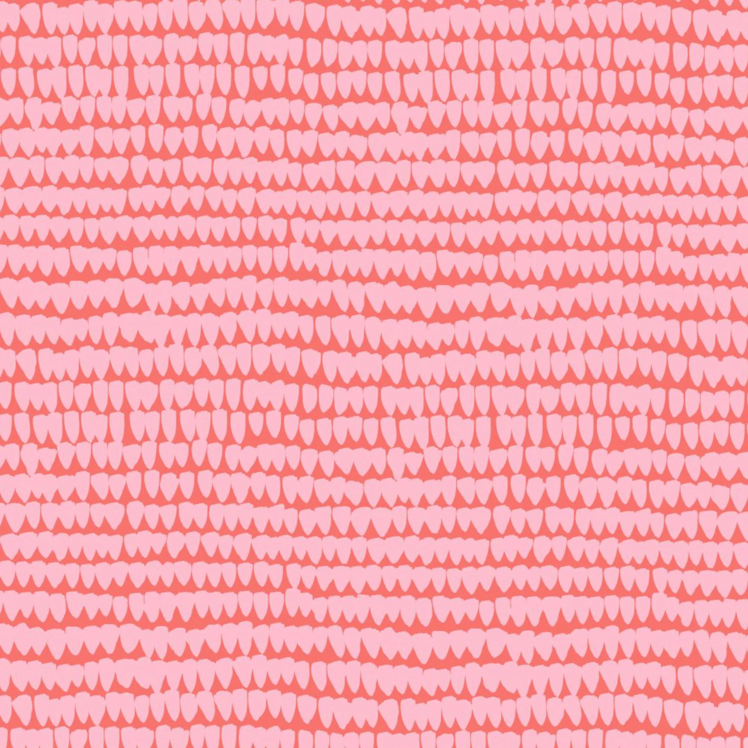 Horizontal stripes of light pink tear drop abstract flower petal shapes lined up in rows on a scarlet red-orange background