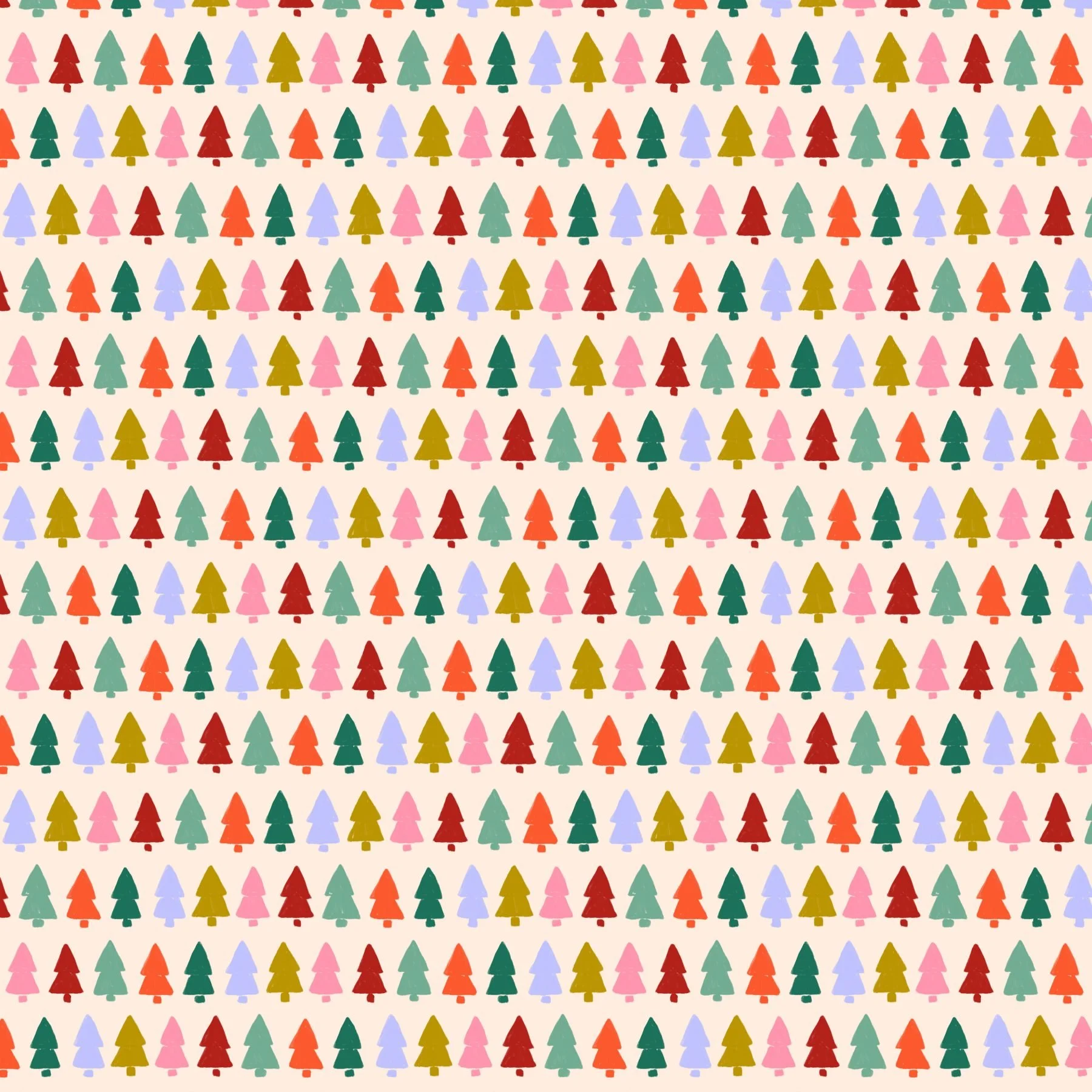 Jolly & Bright: Christmas Tree Rows in Candy Colors on Cream pattern preview, copyright Sandra Hutter.