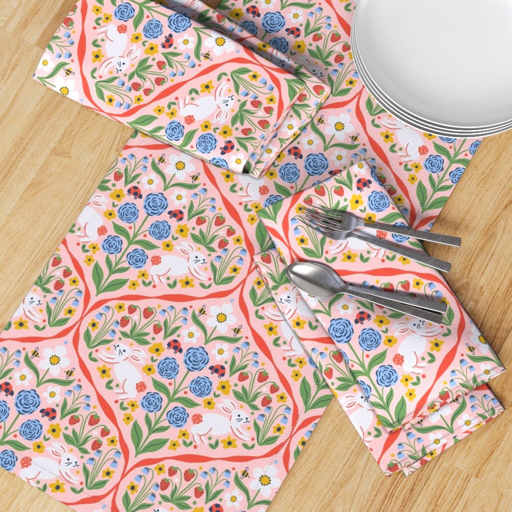 Dinner Napkins and Table Runner Featuring the Bunny Garden Spring Floral Ogee - Pastel Pink pattern from the Bunny Garden Collection