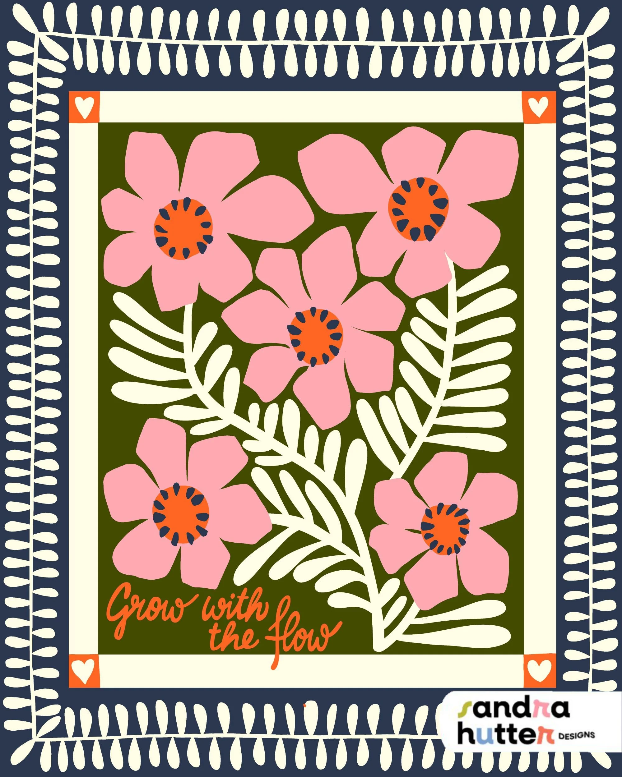 The Grow with the Flow Pink Growing Flowers Colorful Vintage Inspired Illustration from the Heirloom Garden Collection