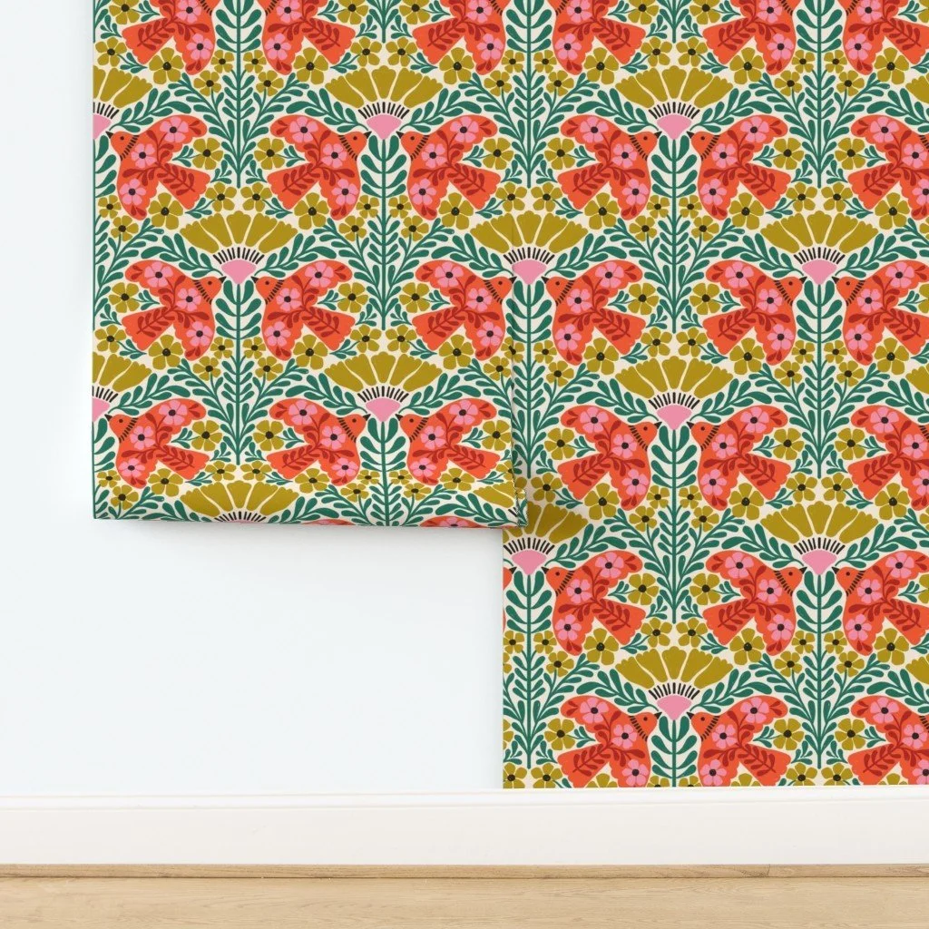 Jolly & Bright: Folk Christmas Birds and Flowers in Red and Mustard as wallpaper by Spoonflower, copyright Sandra Hutter.
