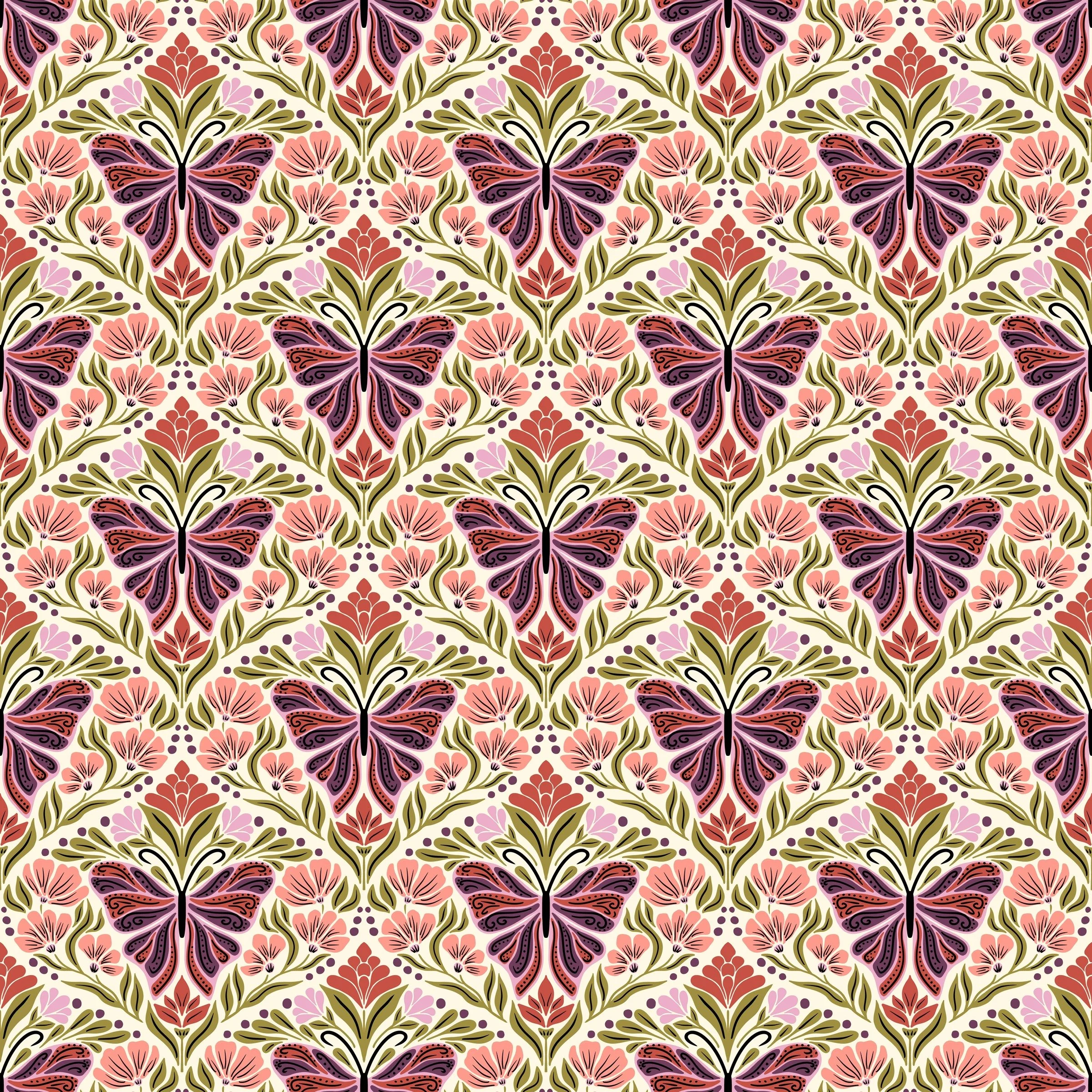 Seamless repeat pattern with plum butterflies and coral folk flowers in a mirrored damask on cream, copyright Sandra Hutter.