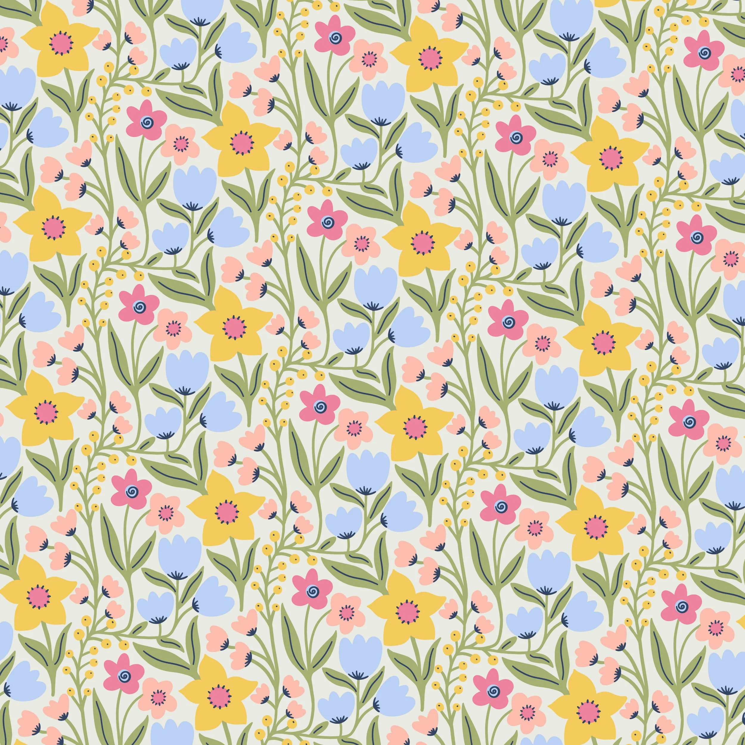 Colorful pastel garden full of yellow daffodils with pink, peach, and blue wildflowers, and yellow berries. Detailed hand drawn botanical pattern on a cream white background perfect for spring / summer floral decor and clothing.