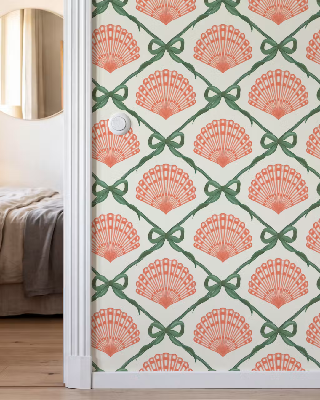 Coral Seashells and Green Ribbons wallpaper