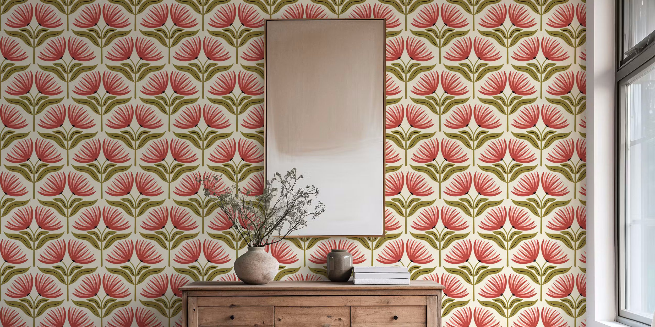 Wallpaper with red clay fan flowers on olive stems on cream in an entryway with a wooden console, copyright Sandra Hutter.